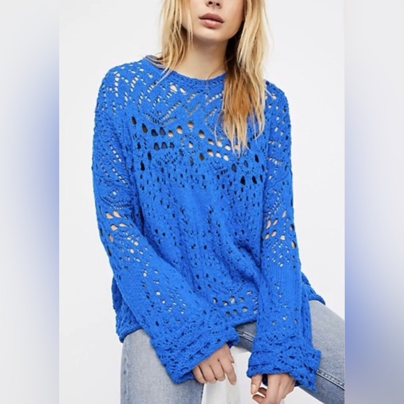 Free People Womens Traveling Lace Cotton Oversized Sweater Blue Size Small - Picture 1 of 7